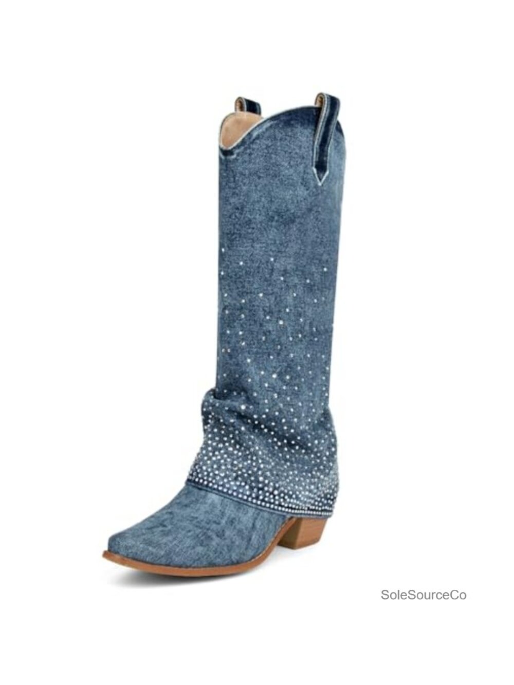 Rhinestone Denim Cowboy Boots Fold Over Knee High Women's Western Boots